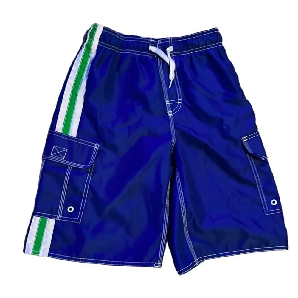 Old Navy Boys Large 10-12 Dark Royal Blue Green White Side Stripe Swim Trunks